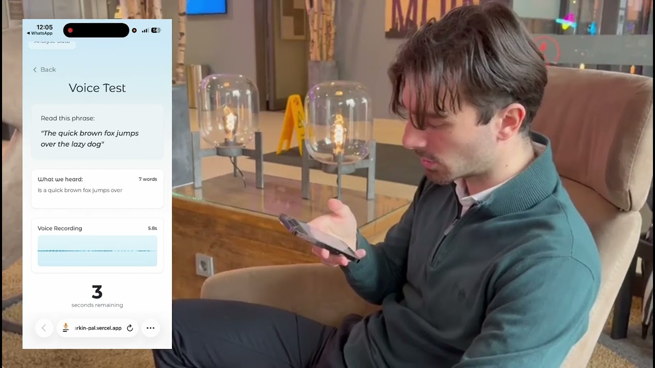 A person reads the test phrase aloud into a phone; beside them, the app's voice test screen shows the phrase, the words it heard and a countdown.